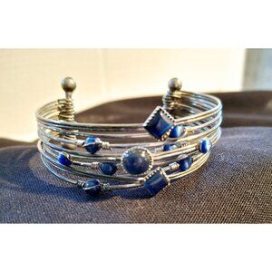 Adjustable Silver Wire Cuff Bracelet With Blue Beads & Square Accents